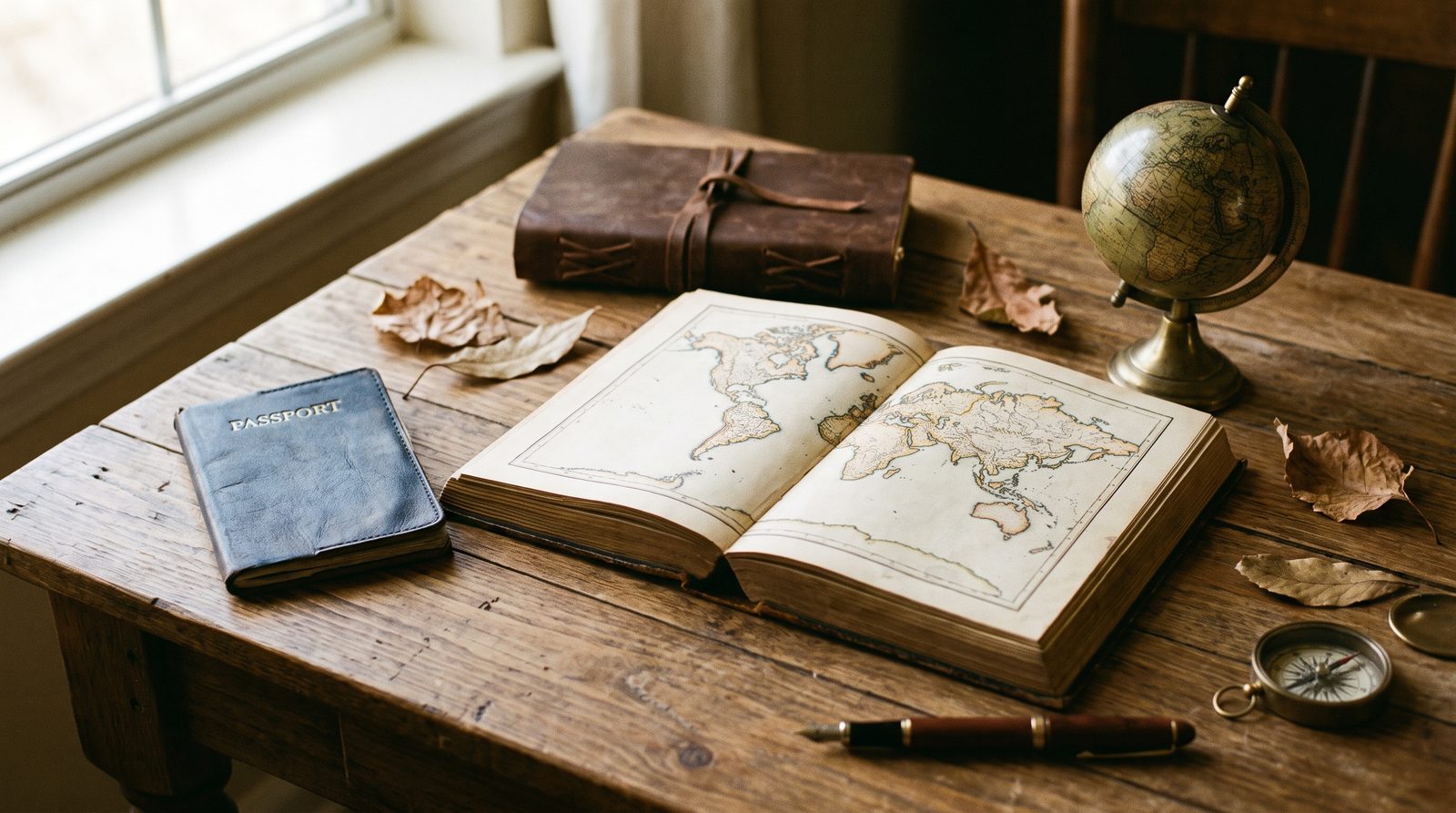 Atlas aberto com passaporte, globo e caderno sobre mesa de madeira, escolha dos melhores países para emigrar