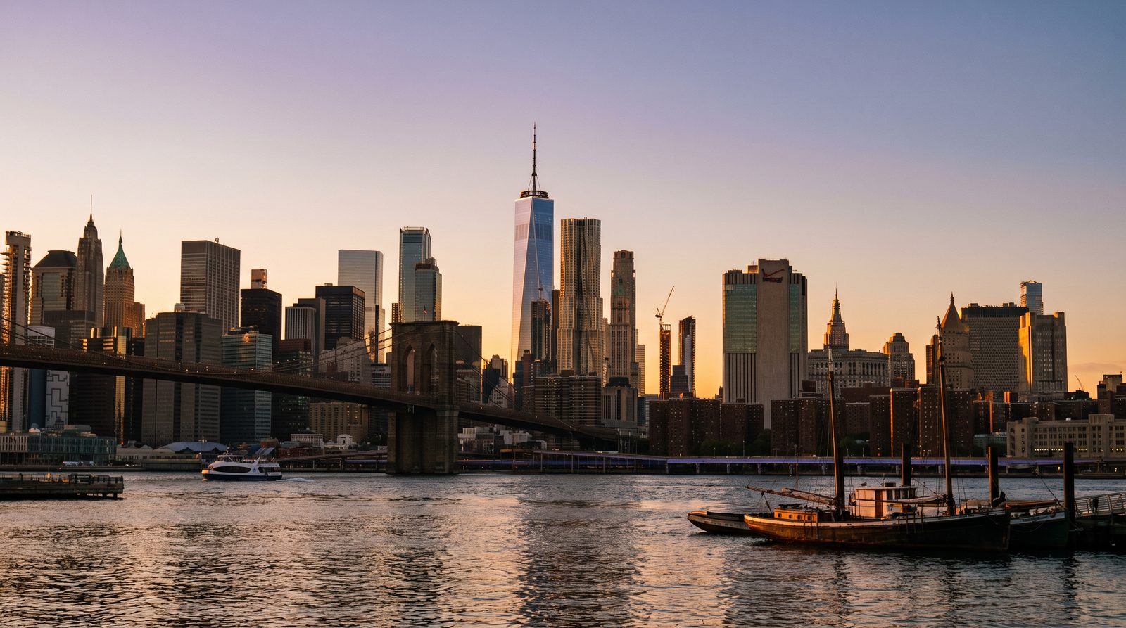 Skyline de Manhattan visto do rio ao pôr do sol, Nova York como destino de brasileiros que vão se mudar