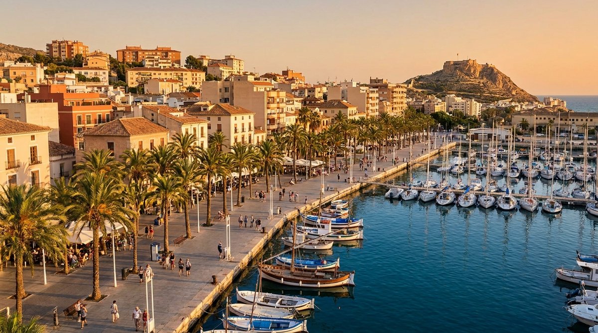 Morar na Espanha: cidade litorânea mediterrânea ao pôr do sol, guia para brasileiros que vão fazer mudança internacional para a Espanha