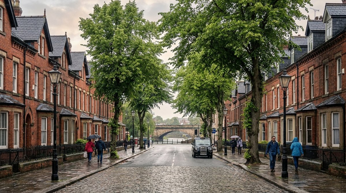 Morar na Inglaterra: rua de casas vitorianas de tijolo em cidade inglesa — guia para brasileiros em mudança internacional para o Reino Unido