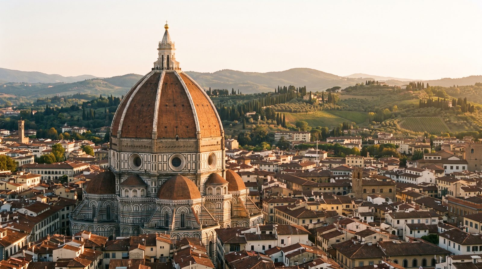 Cúpula do Duomo de Florença entre telhados e colinas da Toscana, Itália como destino de brasileiros