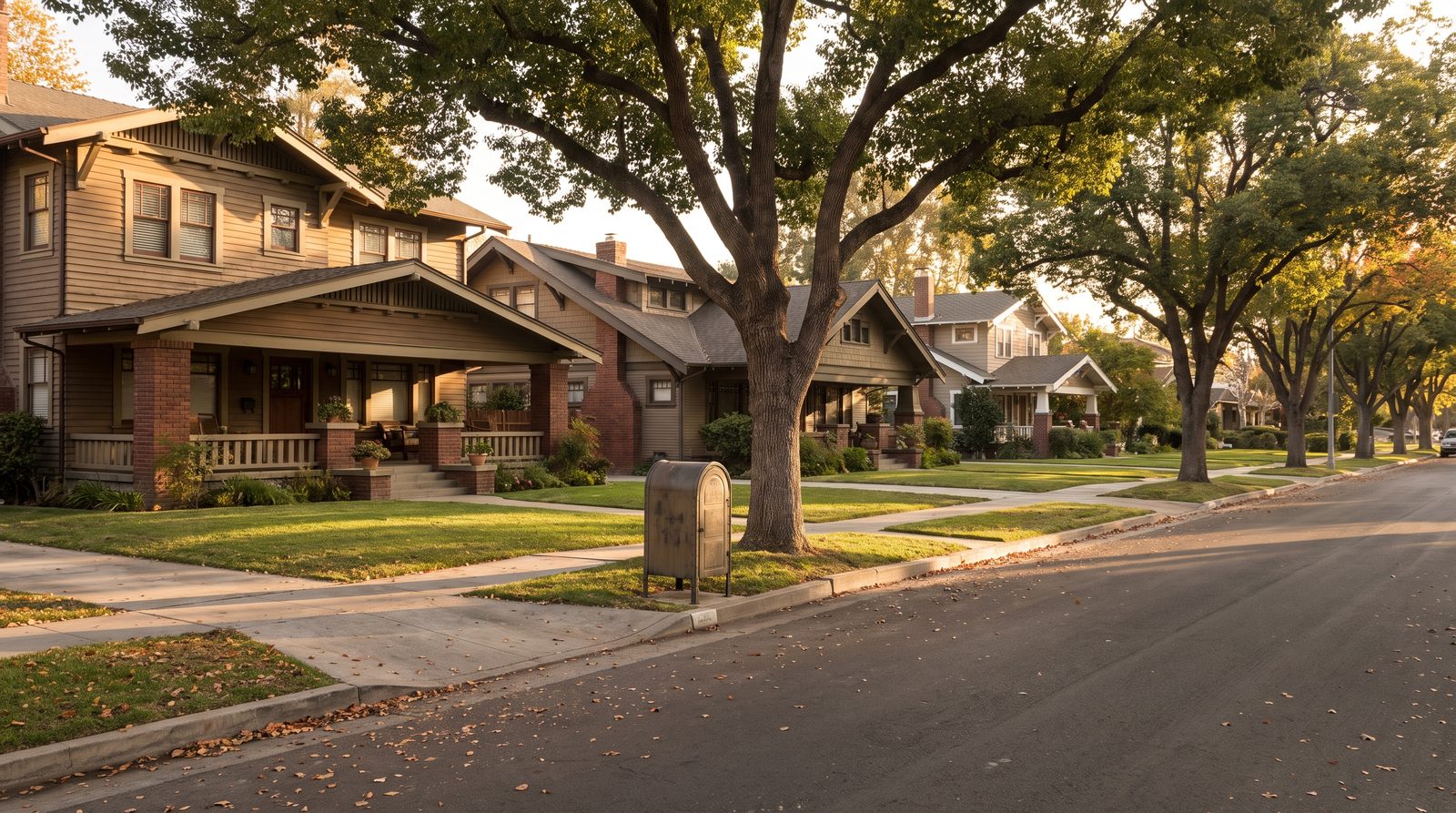 Rua residencial arborizada de subúrbio americano com casas de família, rotina de morar nos Estados Unidos