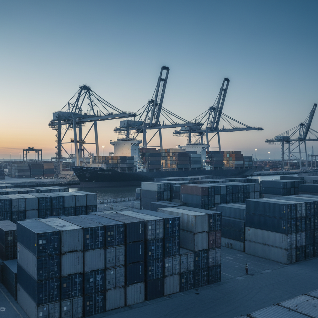 Porto internacional com containers e navio cargueiro ao entardecer, logística internacional Brazil Lines