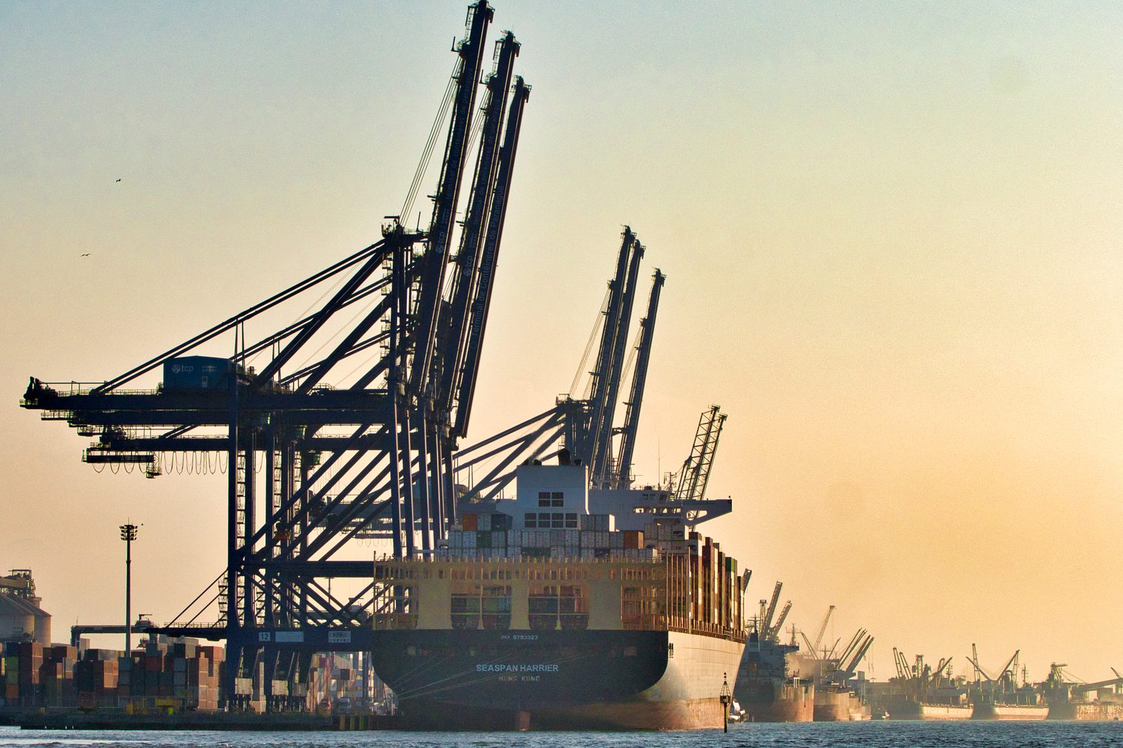 Porto de Paranagua (PR): navio porta-conteineres atracado sob guindastes ao entardecer, exportacao e logistica internacional Brazil Lines